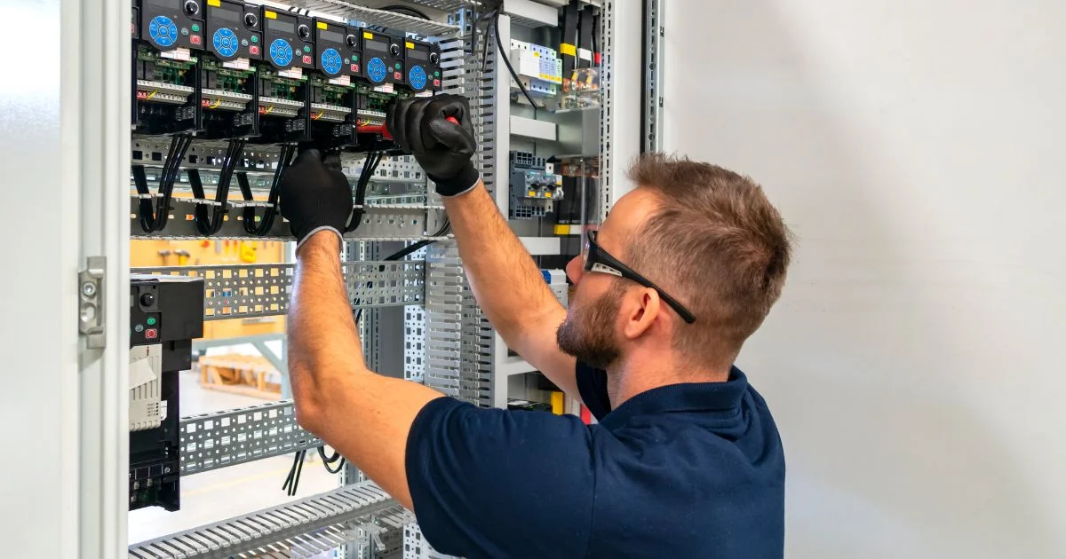 Electrician adjusting components in a switchboard.